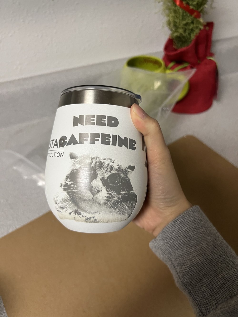 Laser-engraved tumbler with Buttercup and NEED CAFFEINE
